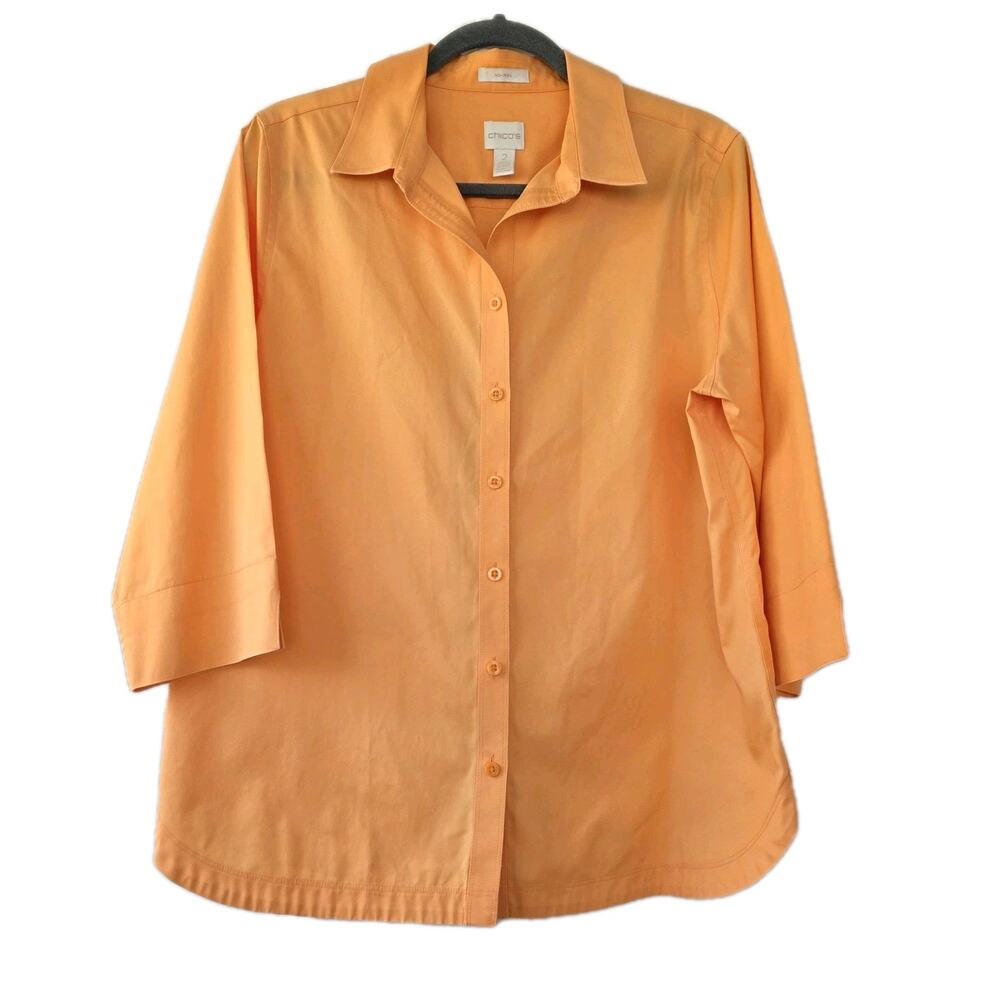 Chico's Woman's Orange Non Iron 100%‎ Cotton Shirt Blouse Size 2 Or L Career